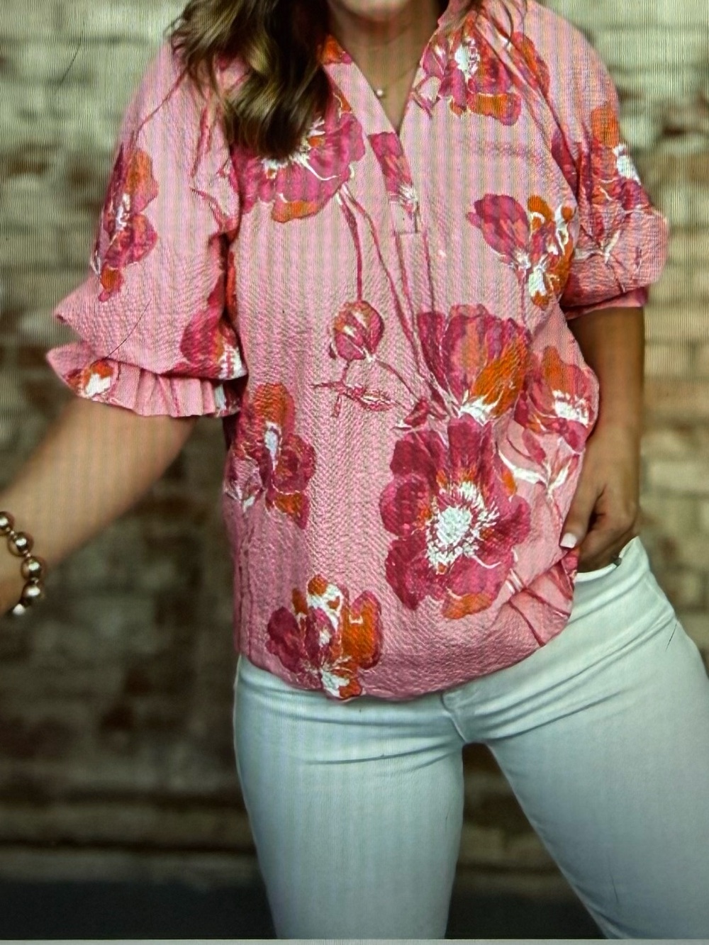 Umgee Pink Floral Ruffle Buff Sleeve Blouse